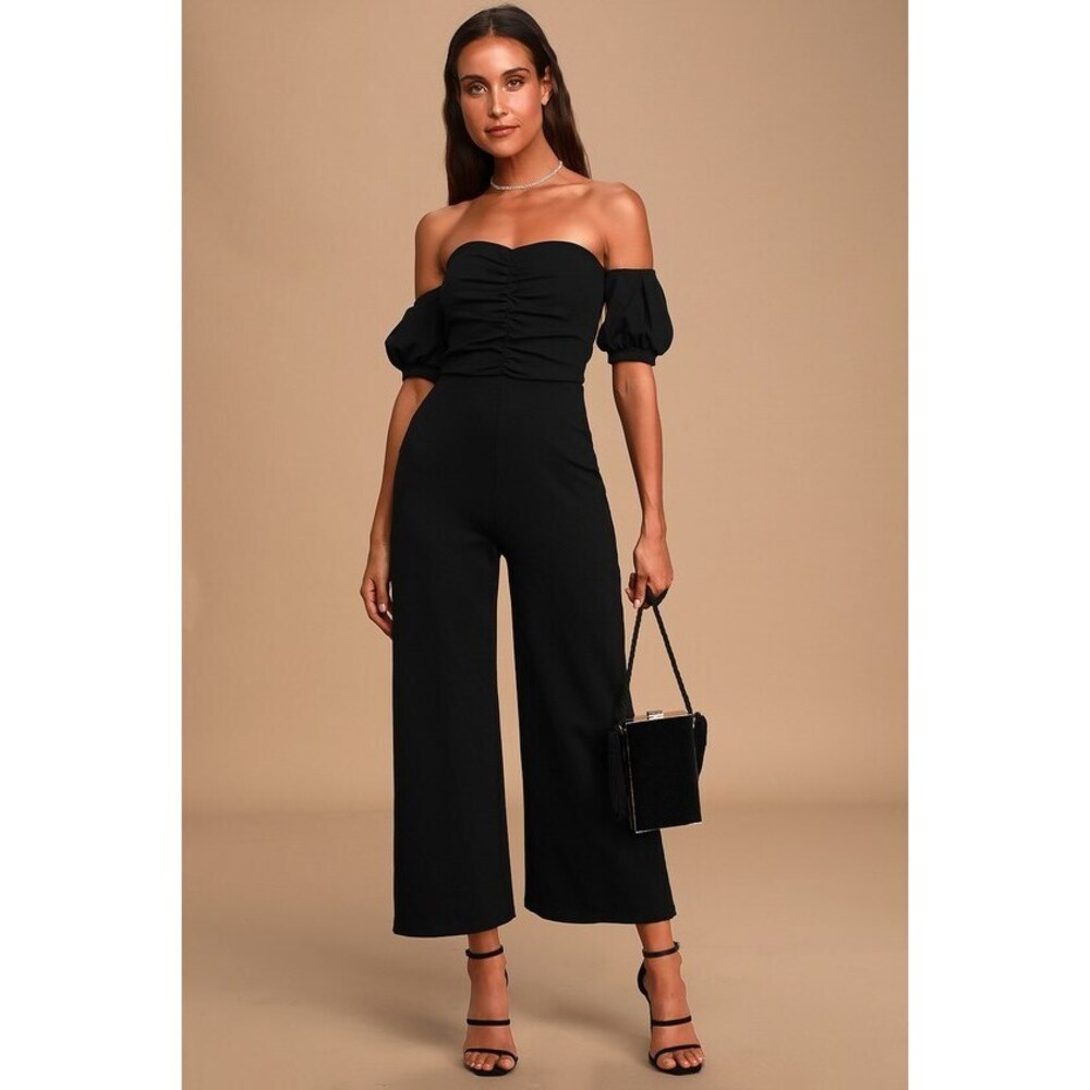 Lulus Impress Release Black Off-the-shoulder Puff Sleeve Jumpsuit - Size XS